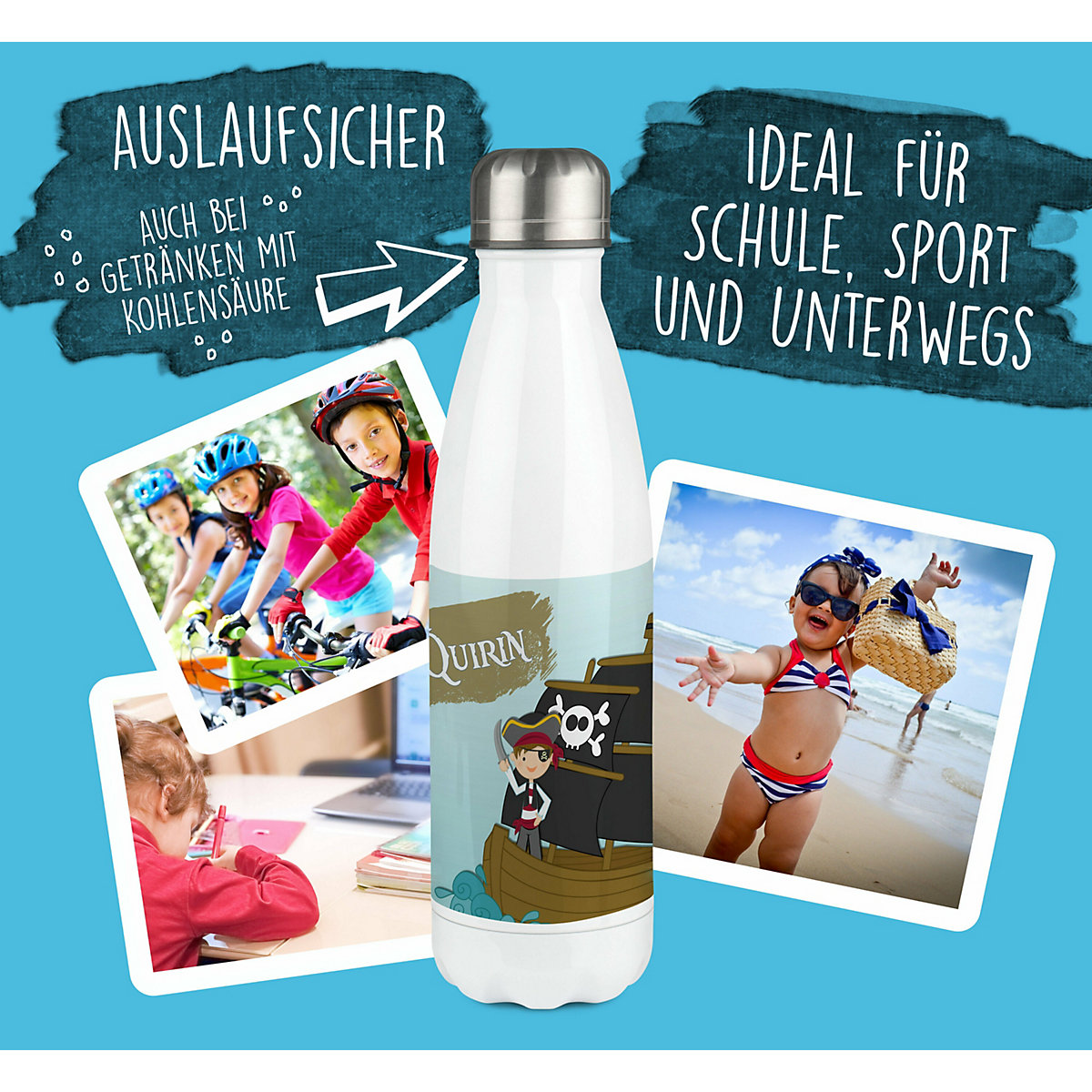 Edelstahl Kinder Thermoflasche / Trinkflasche bunt Pirat Spülmaschinenfest, Auslaufsicher, Bruchfest, Doppelwandig, Für Heißgetränke geeignet, Mit Deckel, Isoliert