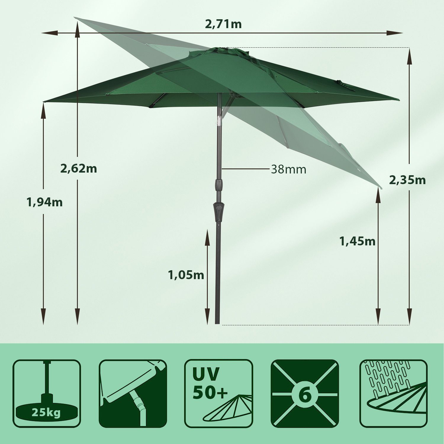 Sekey Sonnenschirm 270cm Gartenschirm knickbar Marktschirm mit Kurbelmechanismus, UPF 50+, LxB: 235,00x271,00 cm