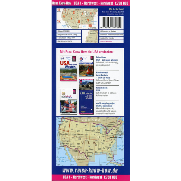 Reise Know-How Landkarte USA 01, Nordwest (1:750.000) : Washington und Oregon - Straßenkarte