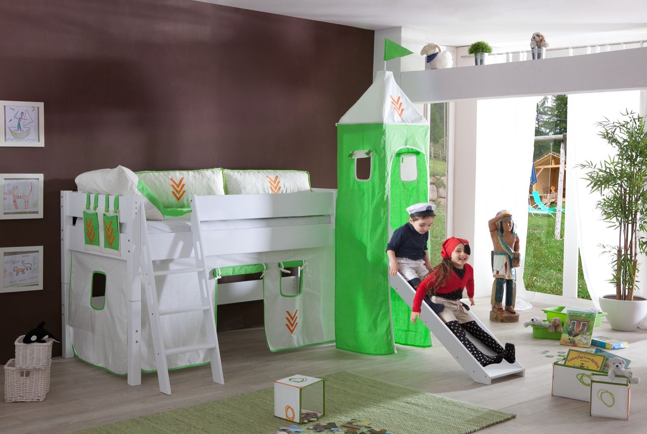 Relita Spielbett KIM 90x200 cm, mit Rutsche und Turm Buche weiß lackiert Stoffset Beige/Grün