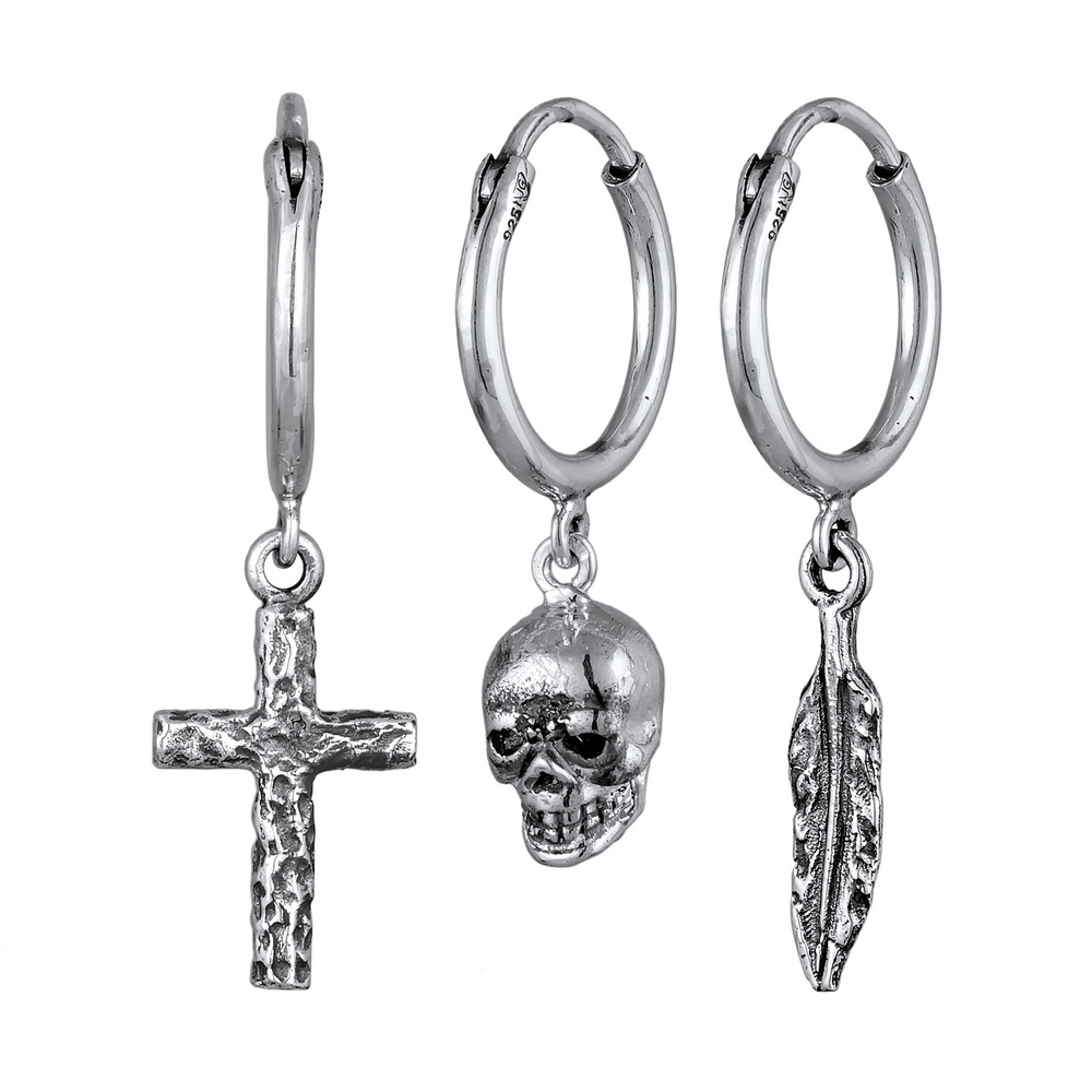 KUZZOI KUZZOI Boucles d'Oreilles Hommes Créoles Croix tête de mort Plume Set de 3 en arg Boucles d'oreilles