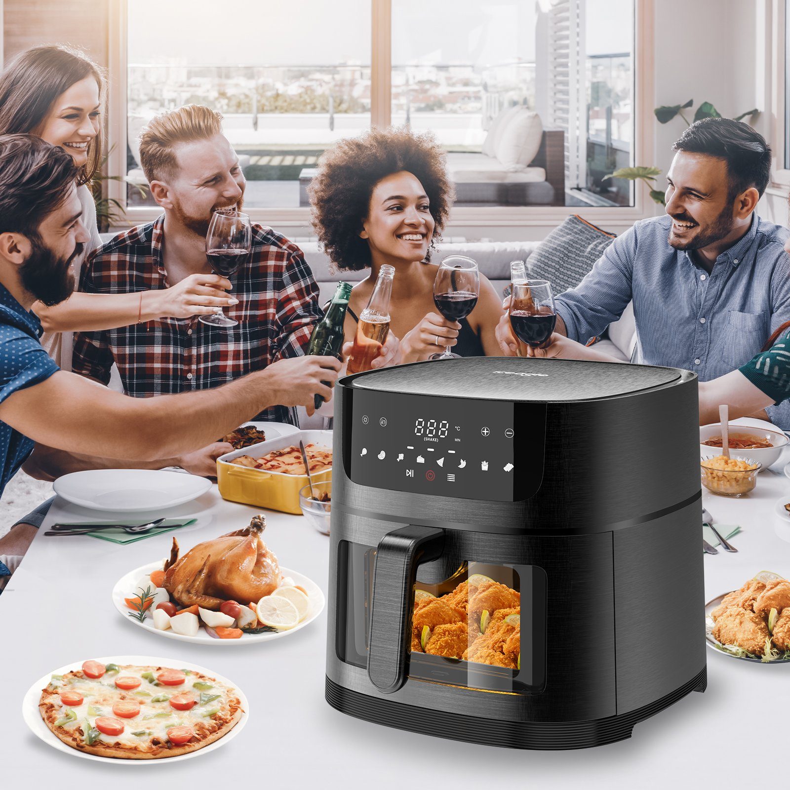 iceagle Heißluftfritteuse Heißluftfritteuse 9L AirFryer XXL, Heizluft Fritteuse, 1800,00 W, mit Großes Sichtfenster, 8 Programmen, Led Touchscreen, Ohne Öl