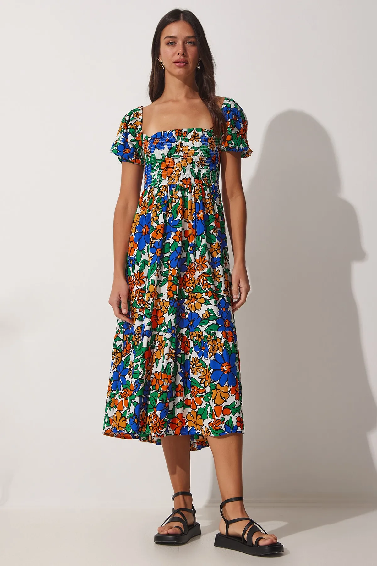 Happiness İstanbul  Damen-Sommerkleid aus Viskose mit Blumenmuster in Orange CI00079