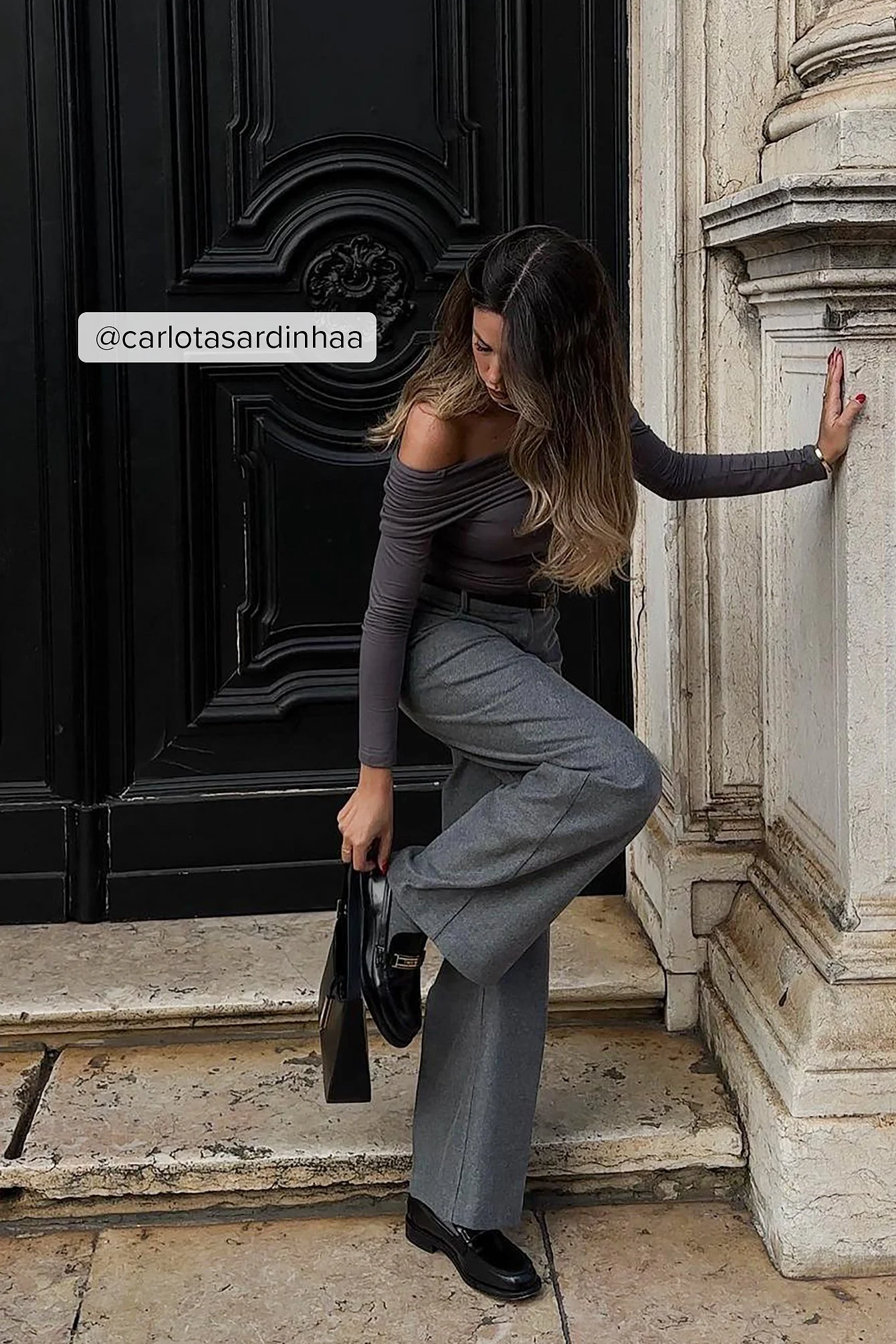 Flanellhose mit weitem Bein und hoher Taille