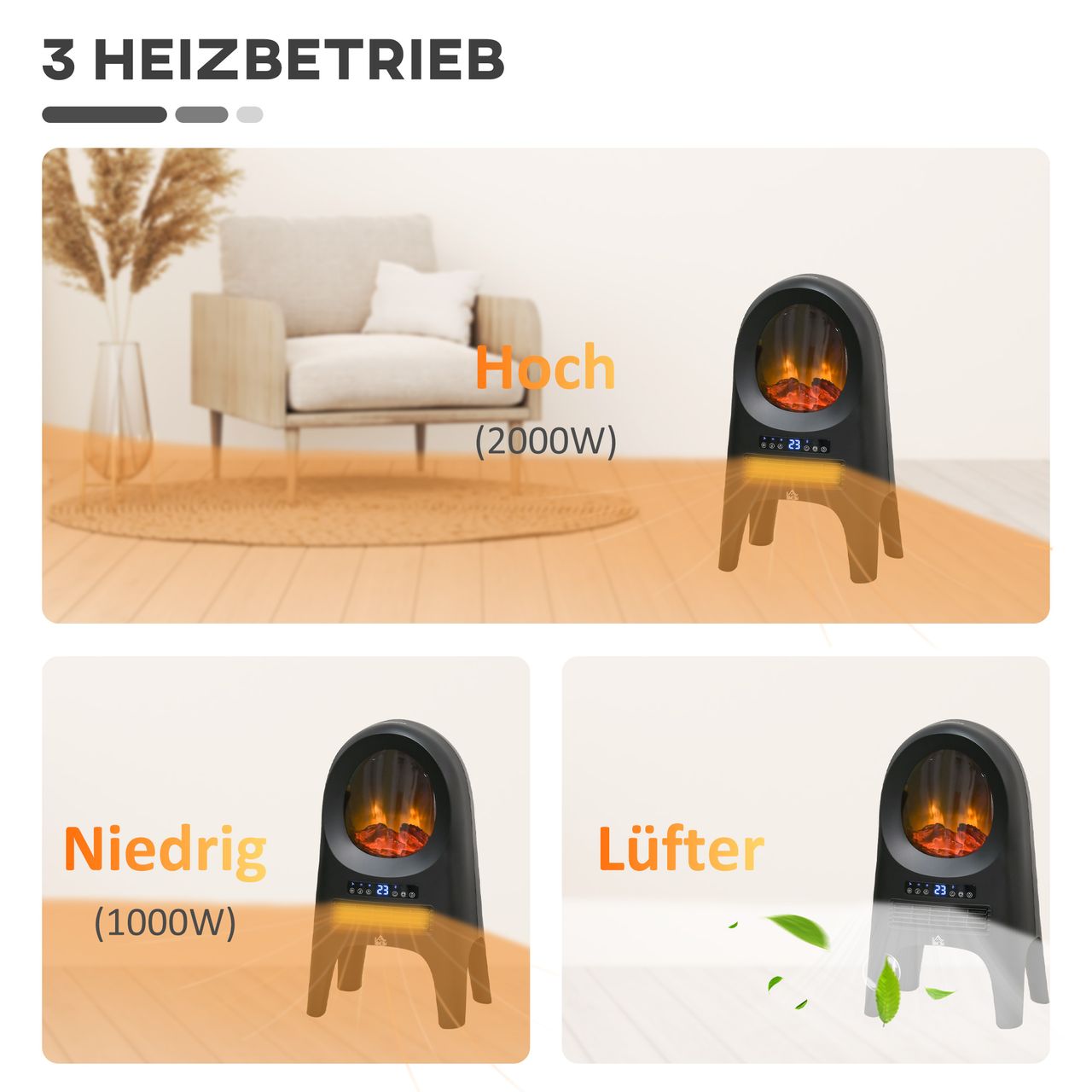 HOMCOM 3 Modi Keramik Heizlüfter mit Timer 2000 W Elektroheizung mit LED-Flammen und -Display Raumheizkörper mit Überhitzungs- und Kippschutz mit Fernbedienung für Innen Wohnräume 33,7x25,5 x60,4cm