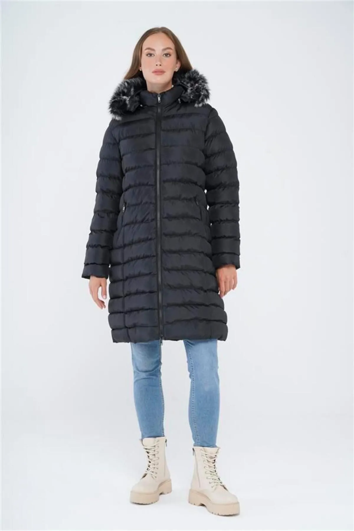 Olcay  Puffermantel mit abnehmbarer Fellkapuze, Schwarz 6401