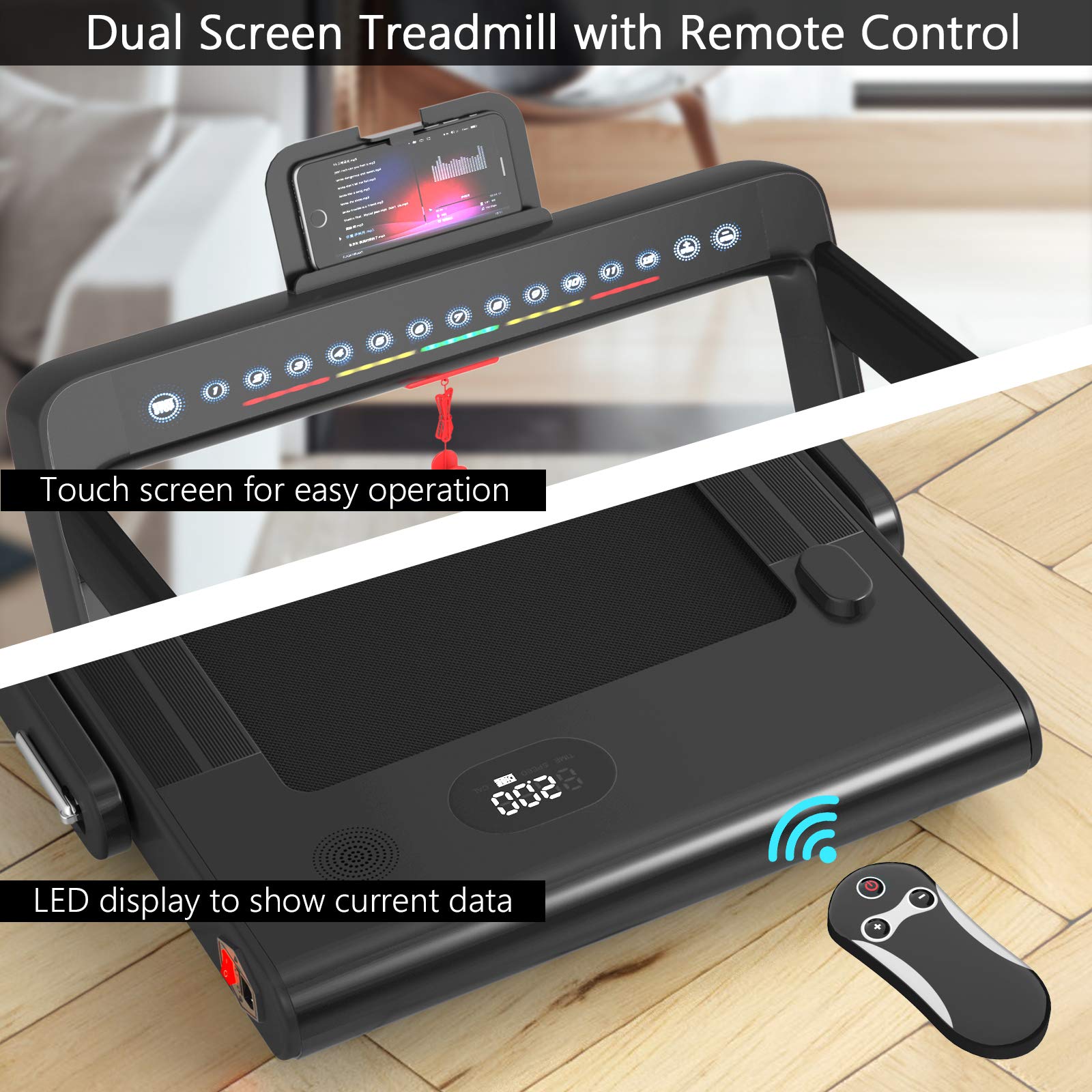 2 in 1 Folding Treadmill with Dual Display, 2.25HP Superfit Under Desk Electric Pad