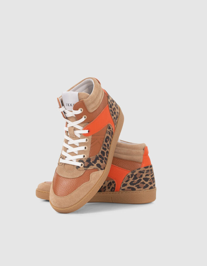 Sneakers beige, orange et motif léopard mix cuir Femme