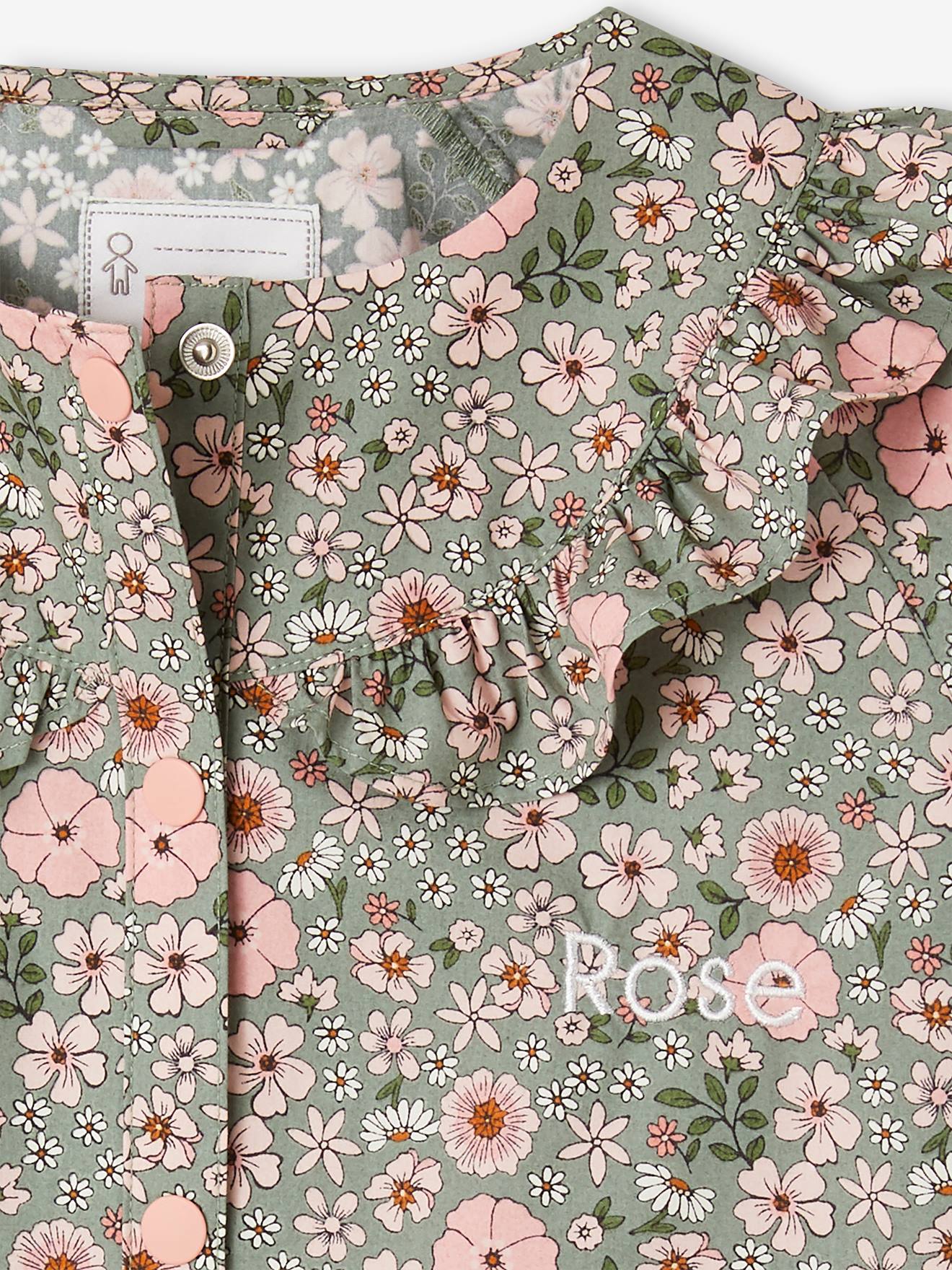 Tablier à fleurs personnalisable fille volants devant vert lichen