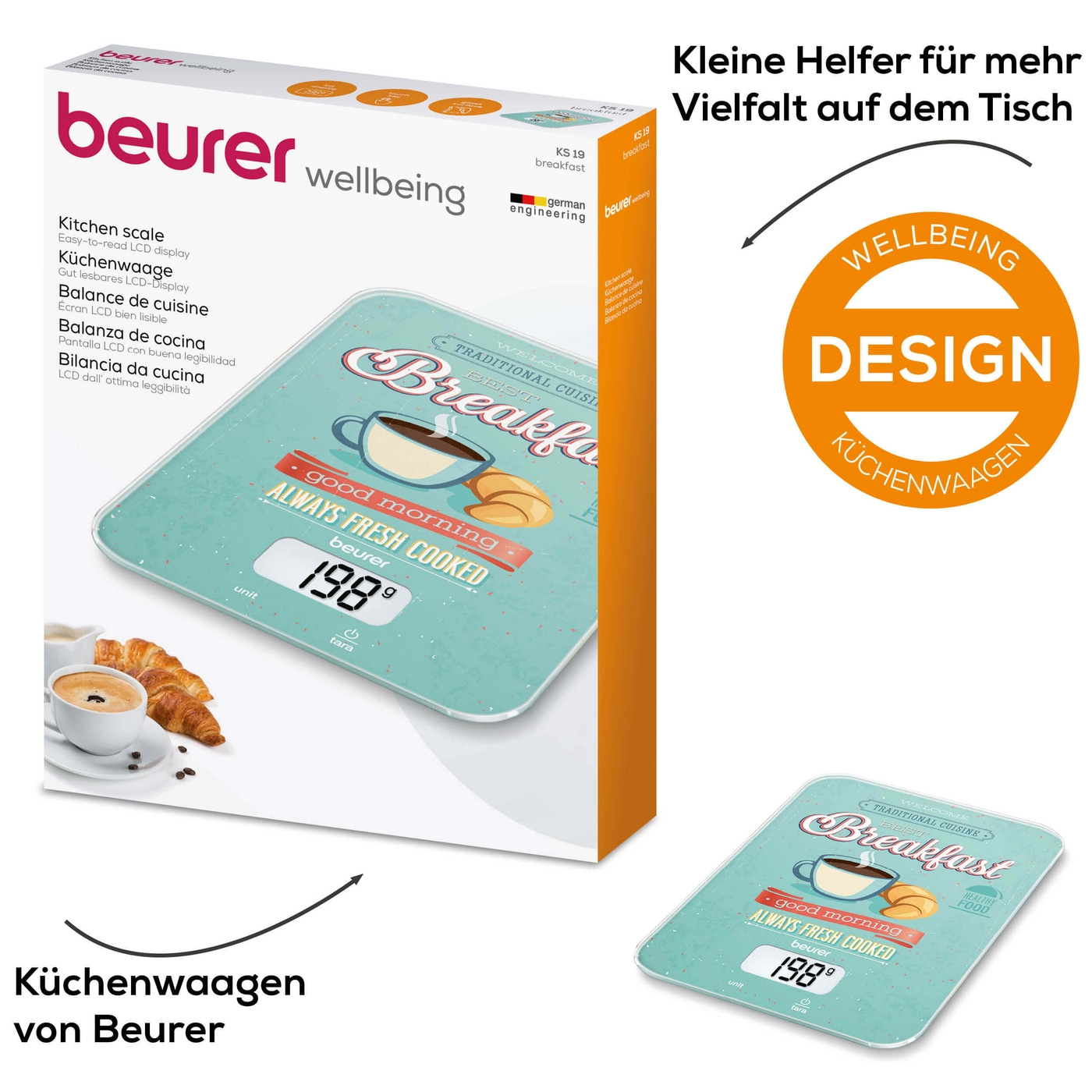 Beurer Küchenwaage KS 19 Breakfast-Küchenwaage mit stylischer Glasoberfläche & Tarafunktion