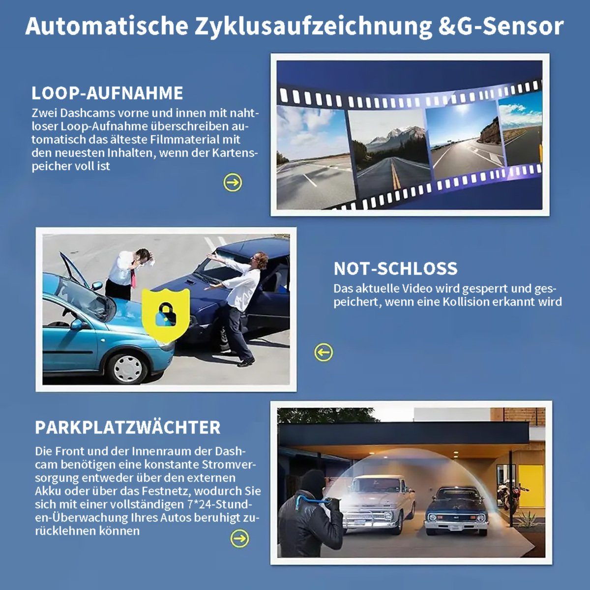 Yoyaxi Umfassende Autoüberwachung mit 3 Kanälen Dashcam (Infrarot-Nachtsicht, wasserdicht, Loop-Aufnahme für mehr Sicherheit)