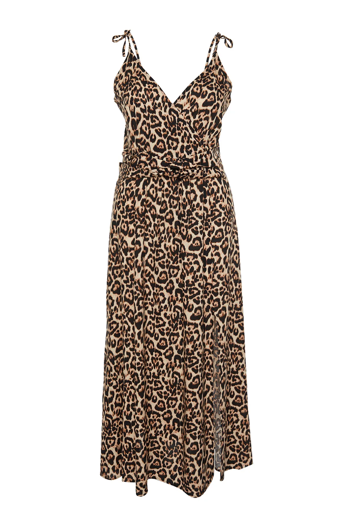 Trendyol Curve  Kamelfarbenes gewebtes Maxikleid mit Schlitz und Leopardenmuster TBBSS24AH00136