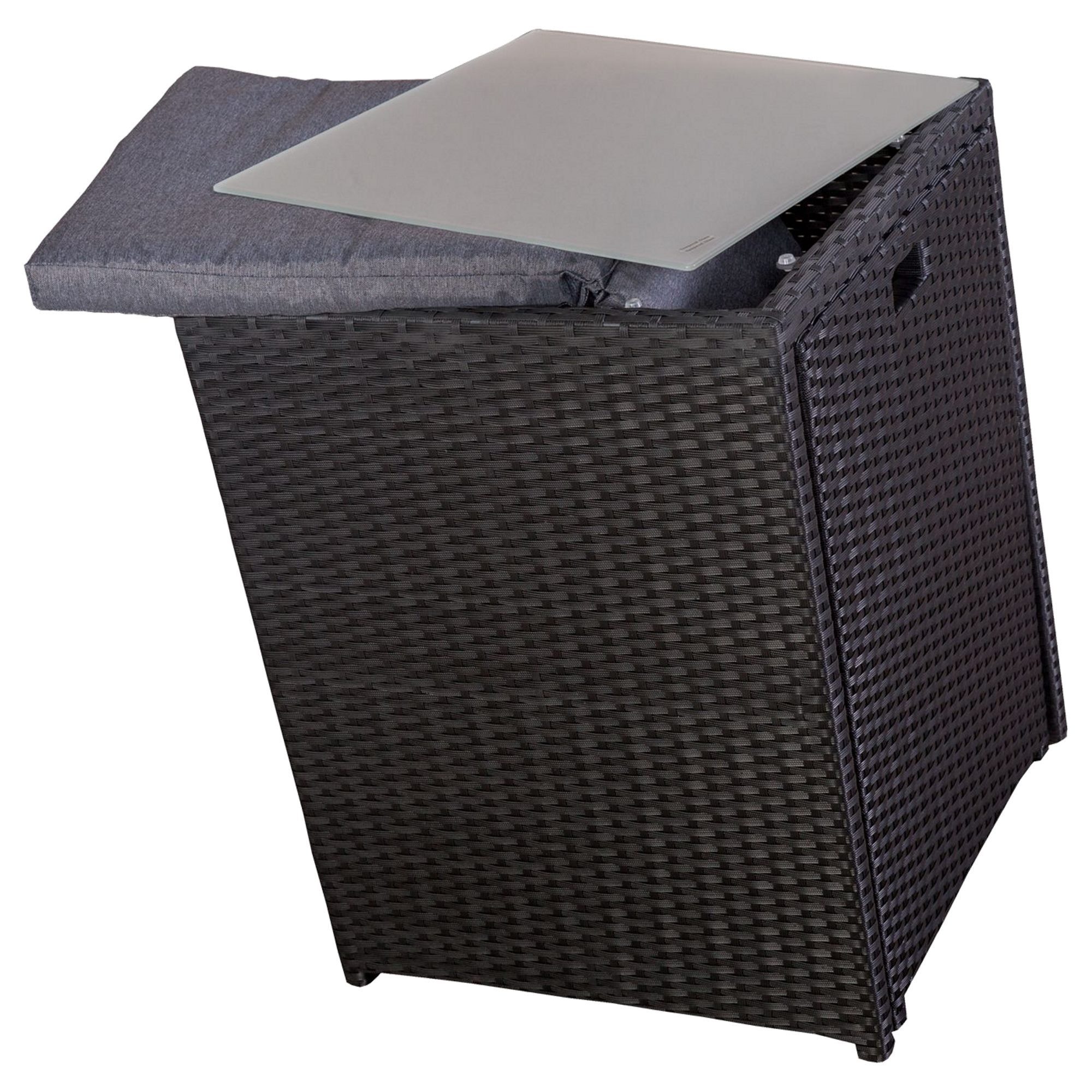 Raburg Balkonset HANNAH in SCHIEFER-SCHWARZ - abnehmbare, gehärtete Glasplatte, (3-teiliges Premium-Set), kompakt & robust aus Stahl & Polyrattan, inkl. Polster, platzsparend