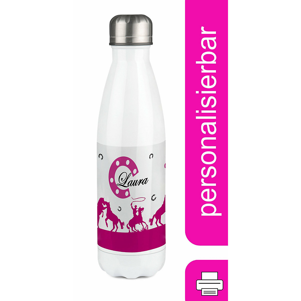 Edelstahl Kinder Thermoflasche / Trinkflasche bunt Cowboy Pferde Farbe pink Spülmaschinenfest, Auslaufsicher, Bruchfest, Doppelwandig, Für Heißgetränke geeignet, Mit Deckel, Isoliert