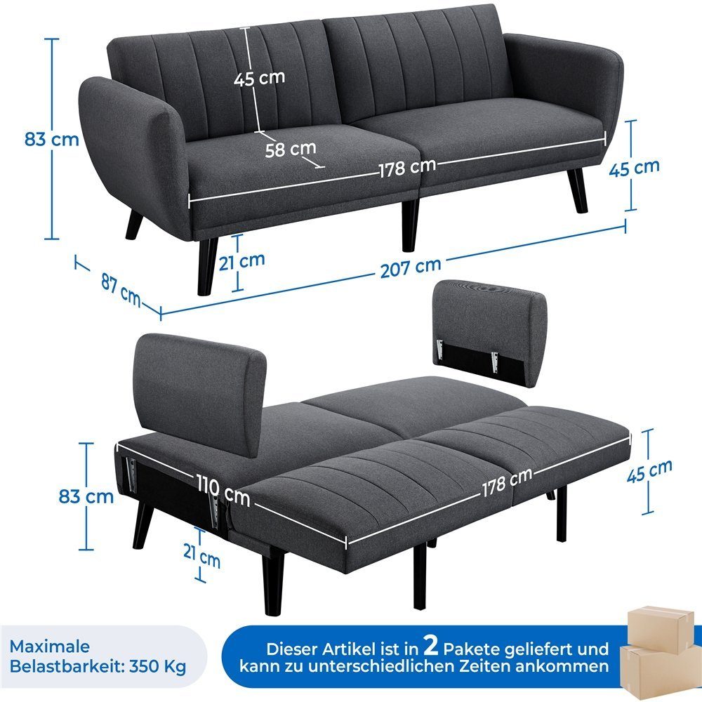 Yaheetech Schlafsofa, Klappsofa mit Schlaffunktion 3-Sitzer Sofa fürs Wohnzimmer