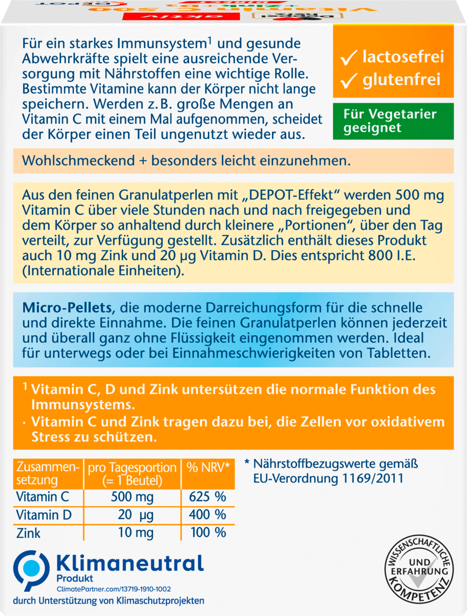 Vitamin C 500 + Zink + D3 Depot Direktgranulat 20 St, 32 g