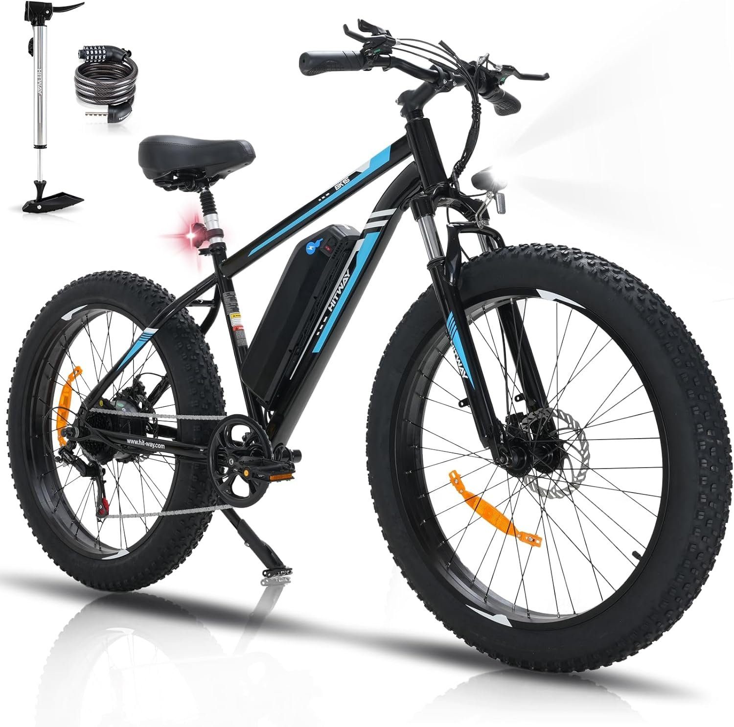 HITWAY E-Bike 26 Zoll x 4,0 fette Reifen MTB 48V 15 Ah Elektrofahrrad,Shimano, MTB, 7 Gang Shimano, Kettenschaltung, Heckmotor, für Damen und Herren 170 - 200 cm, mit Fahrradschloss und Pumpe