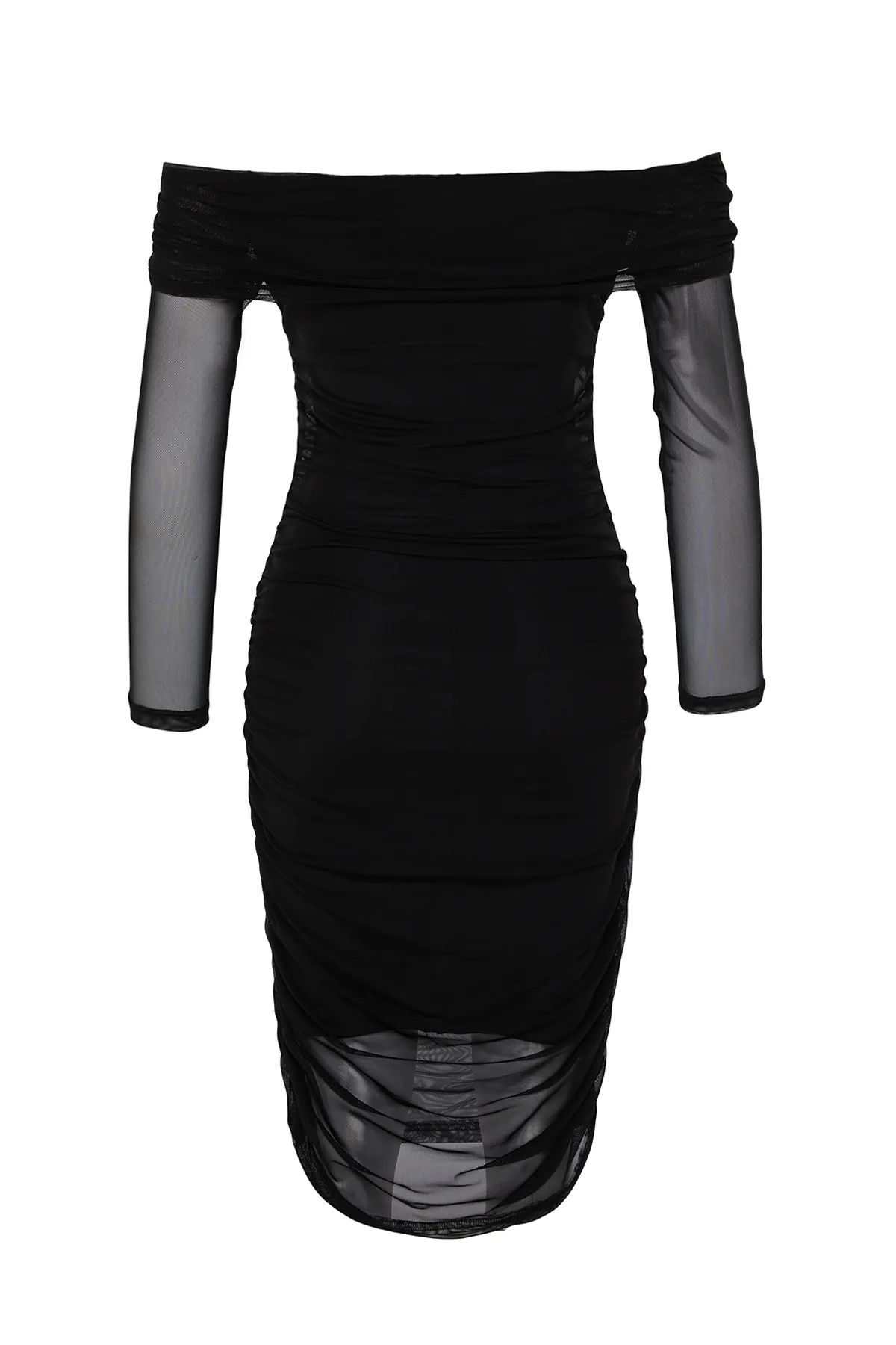 Trendyol Collection  Schwarzes, tailliertes Midi-Bleistiftkleid aus Strick mit Carmen-Kragen und Tüll-Shir/Drapierung TWOAW24EL00146