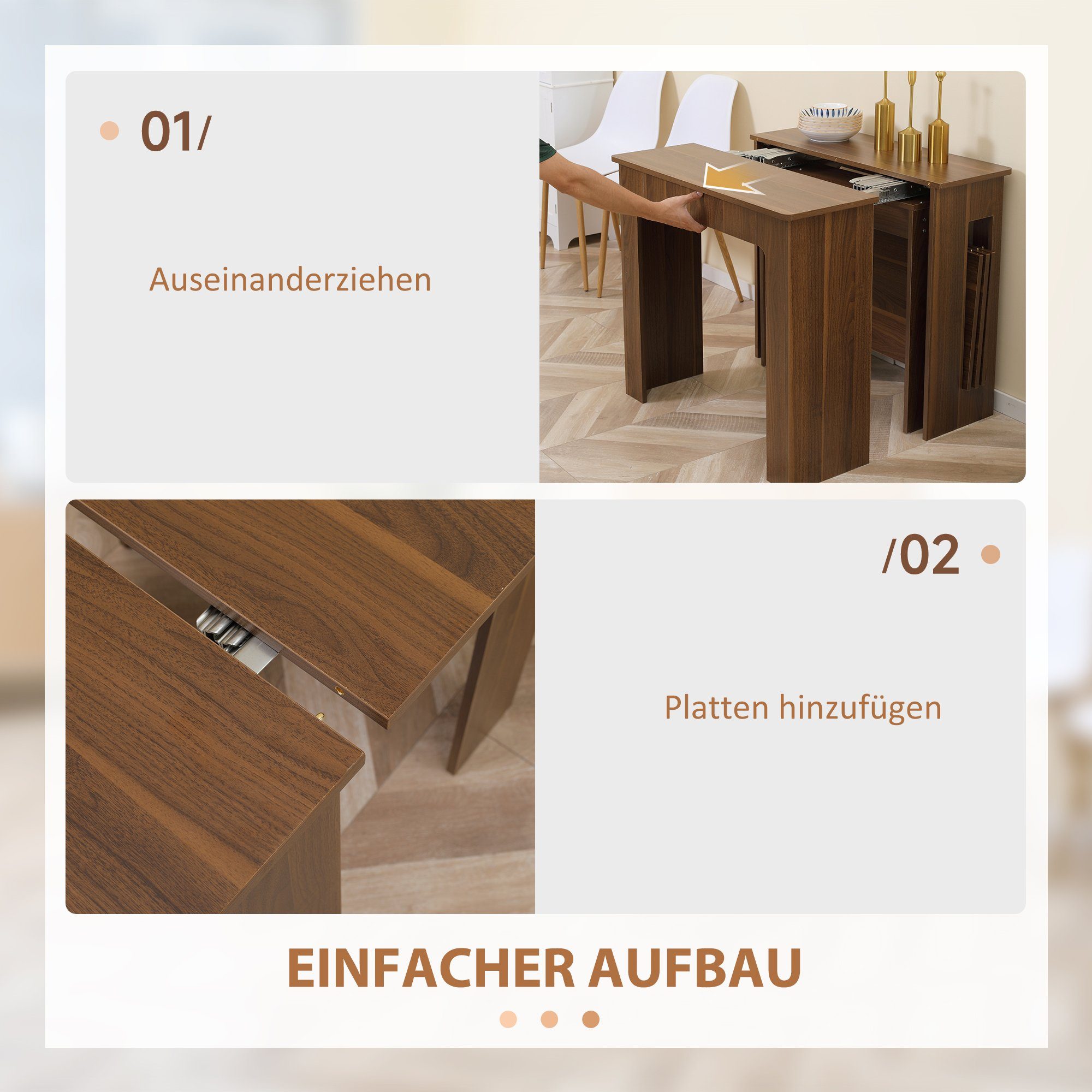 HOMCOM Klapptisch Esstisch, ausziehbar, glatte Oberfläche, 60-180 x 85 x 75cm (Set, 2-St., 1 x Esstisch), Breite 60-180 cm