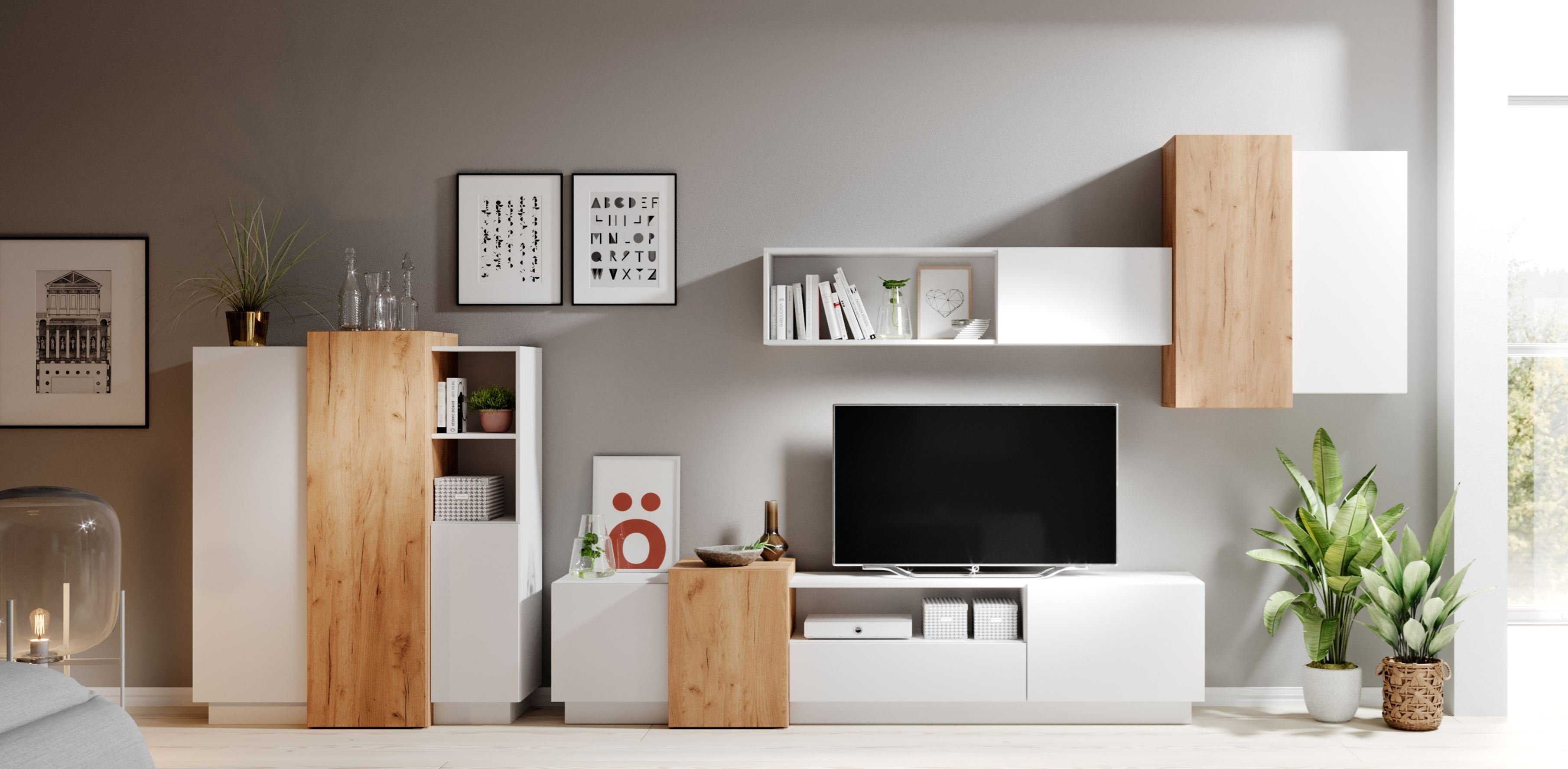 Furnix Wohnwand GLANCI Mediawand Möbel-Set 4-teilig weiß, (Komplett-Set, besteht aus TV Schrank, Wandregal, 2 Hängeschränken und einer Kommode), pflegeleicht, Gesamt: B330 x H133,5 x T45 cm