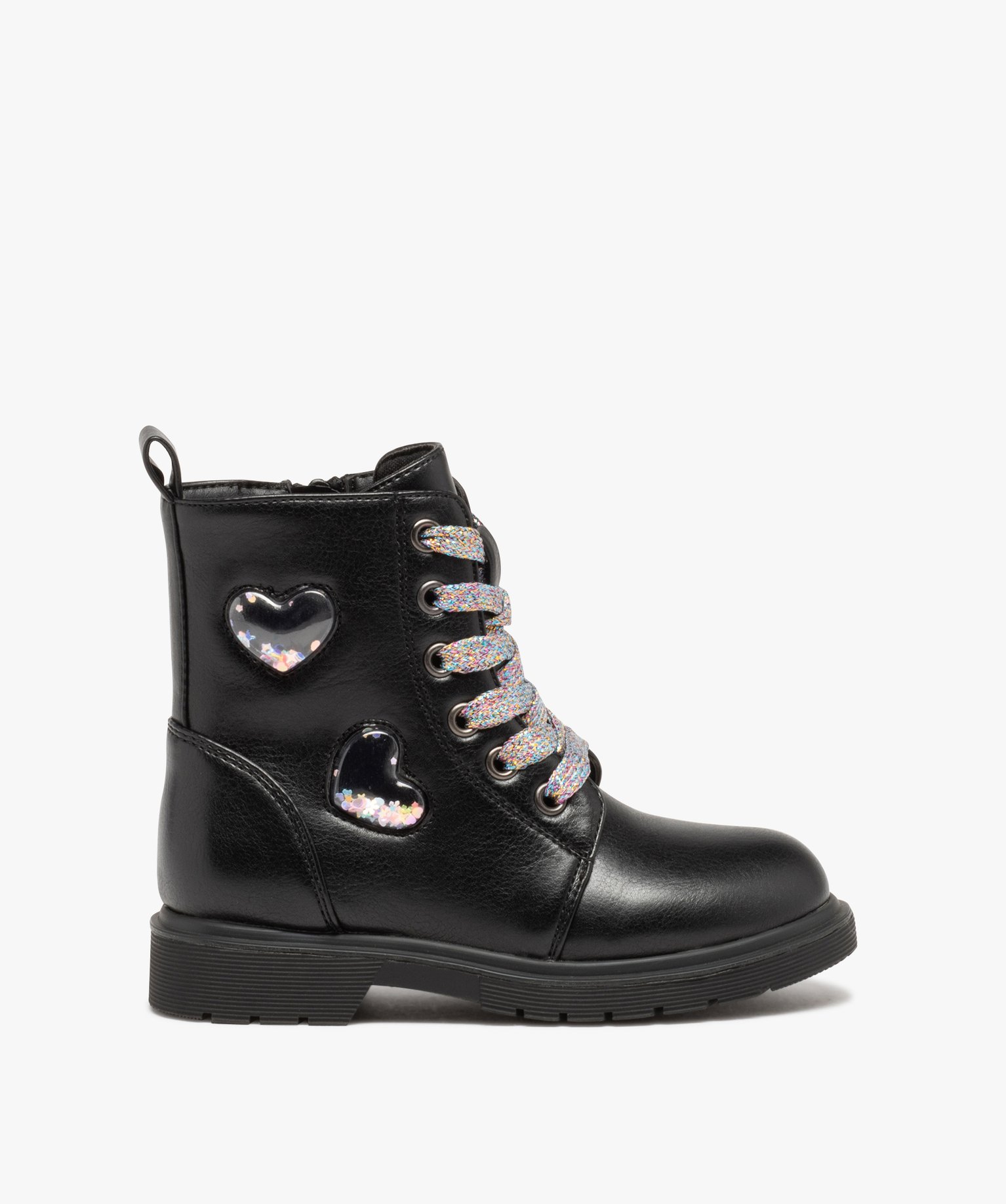 Boots fille unies à lacets multicolores avec coeurs en relief noir | GEMO