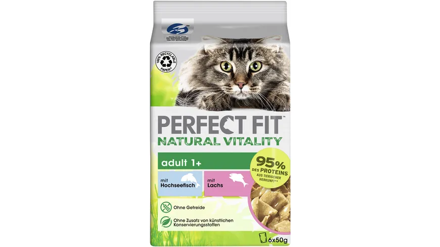 PERFECT FIT™ Katze Portionsbeutel Natural Vitality Adult 1+ mit Hochseefisch und mit Lachs 6 x 50g Multipack 300 g