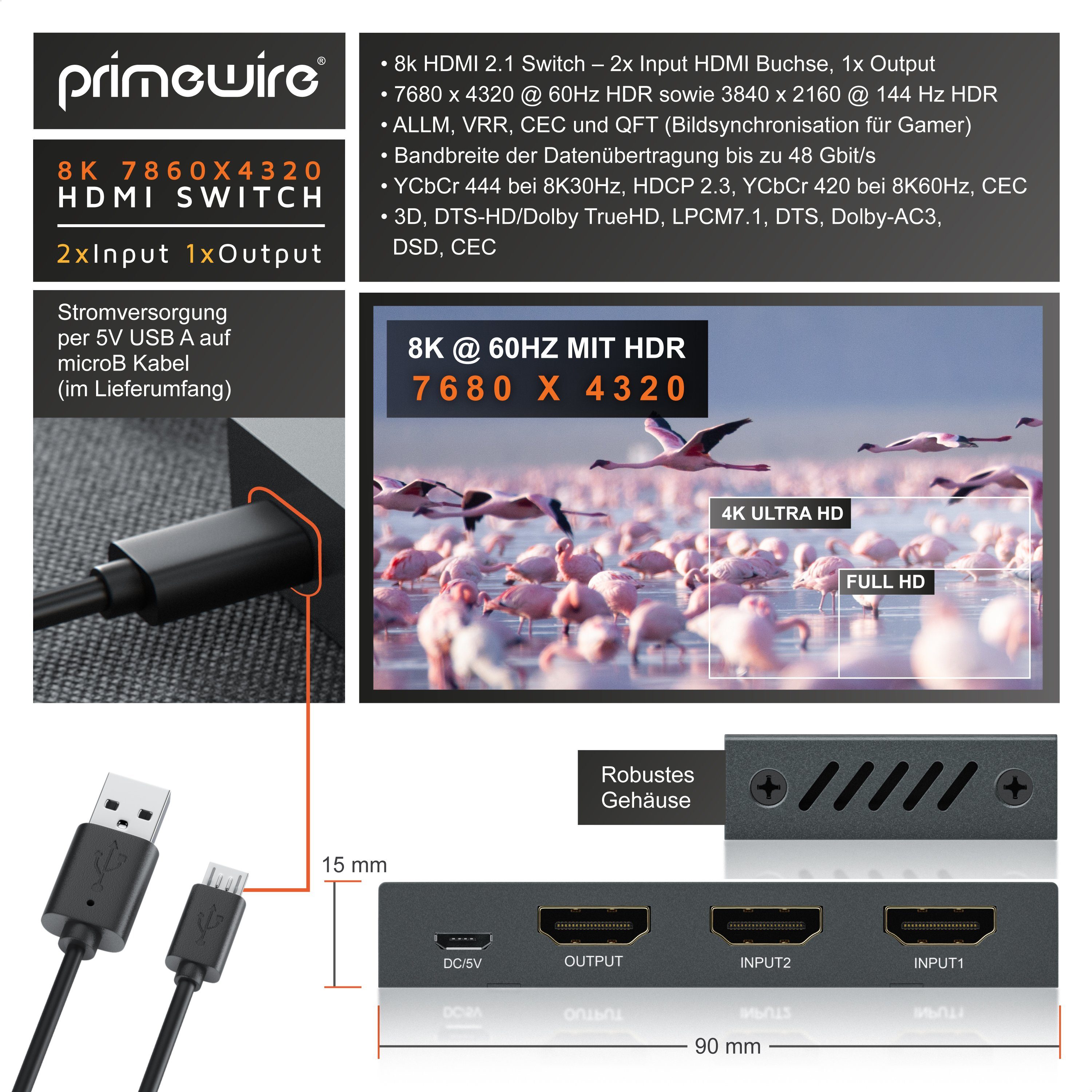 Primewire Audio / Video Matrix-Switch, 2-Port HDMI Splitter, 8K HDMI Switch 2 in 1 Out UHD, mit Fernbedienung