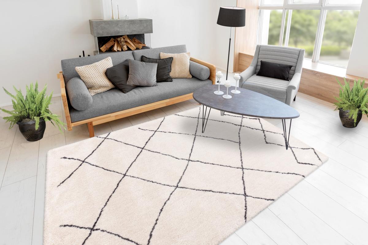 megusta Retro Hochflor Teppich Elfenbein 80cm x 150cm