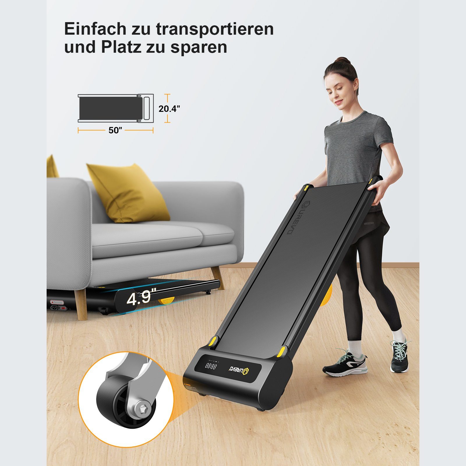 OKWISH Laufband Profi Elektrisches Laufband Fitness Treadmill Sports Zuhause 1-6 km/h (8 Silikon-Stoßdämpfer und 2 zusätzliche weiche Gummikissen, Trainingspfade mit Fernbedienung und LED-Display, UREVO), Walking pad für Zu hause mit doppelter Stoßdä