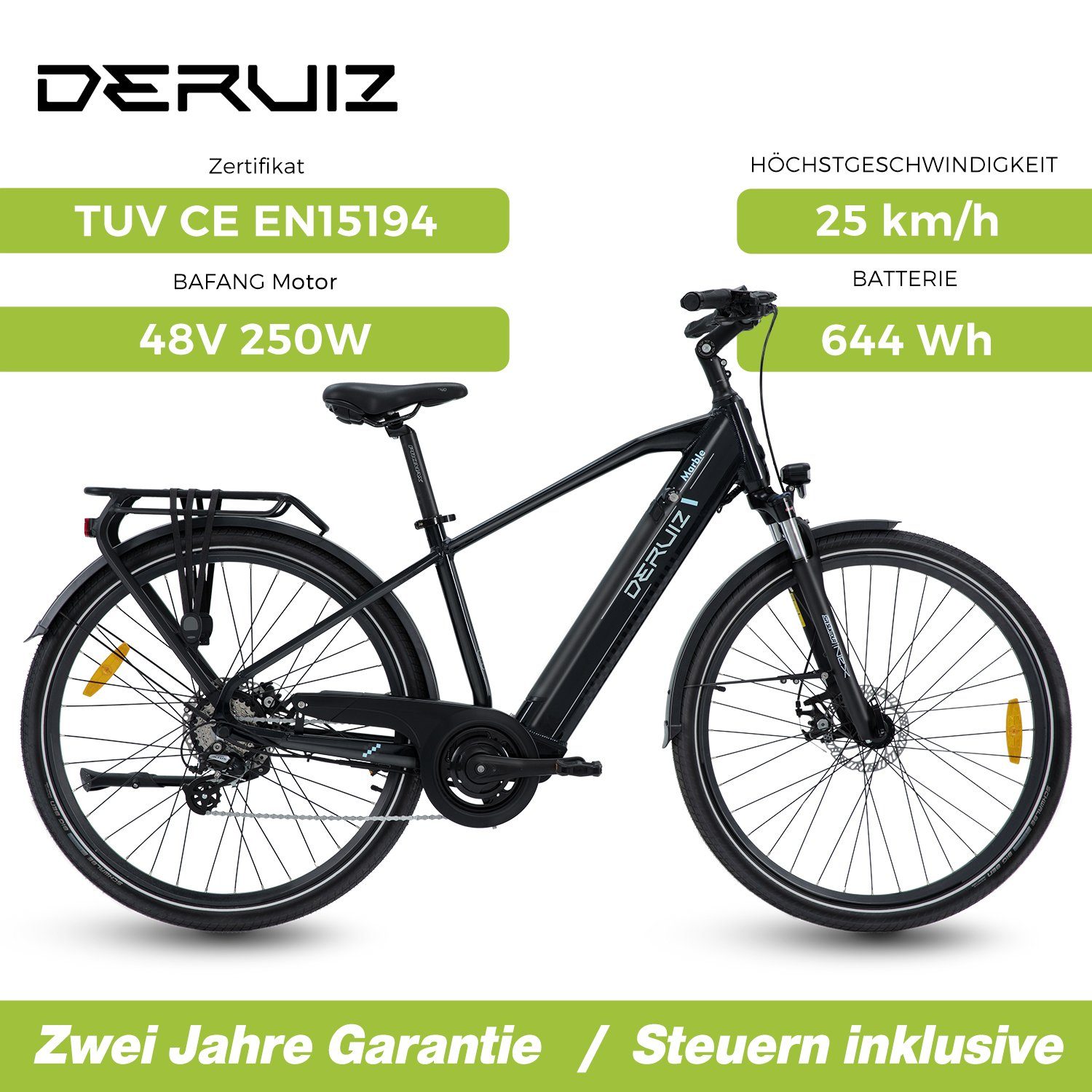 DERUIZ E-Bike Marble 28 Zoll für Herren, 644wh Trekking Ebike Cityrad, 8 Gang Schiamano Schimano ALTUS 11-32T Schaltwerk, Kettenschaltung, Heckmotor, 644,00 Wh Batterie, (mit Akku-Ladegerät, mit Werkzeug), 644Wh Batterien mit großer Kapazität maxmal