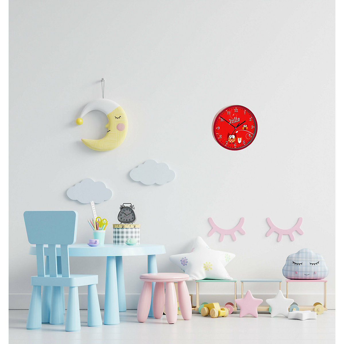 Kinder Wanduhr personalisiert mit Name Eule Rot