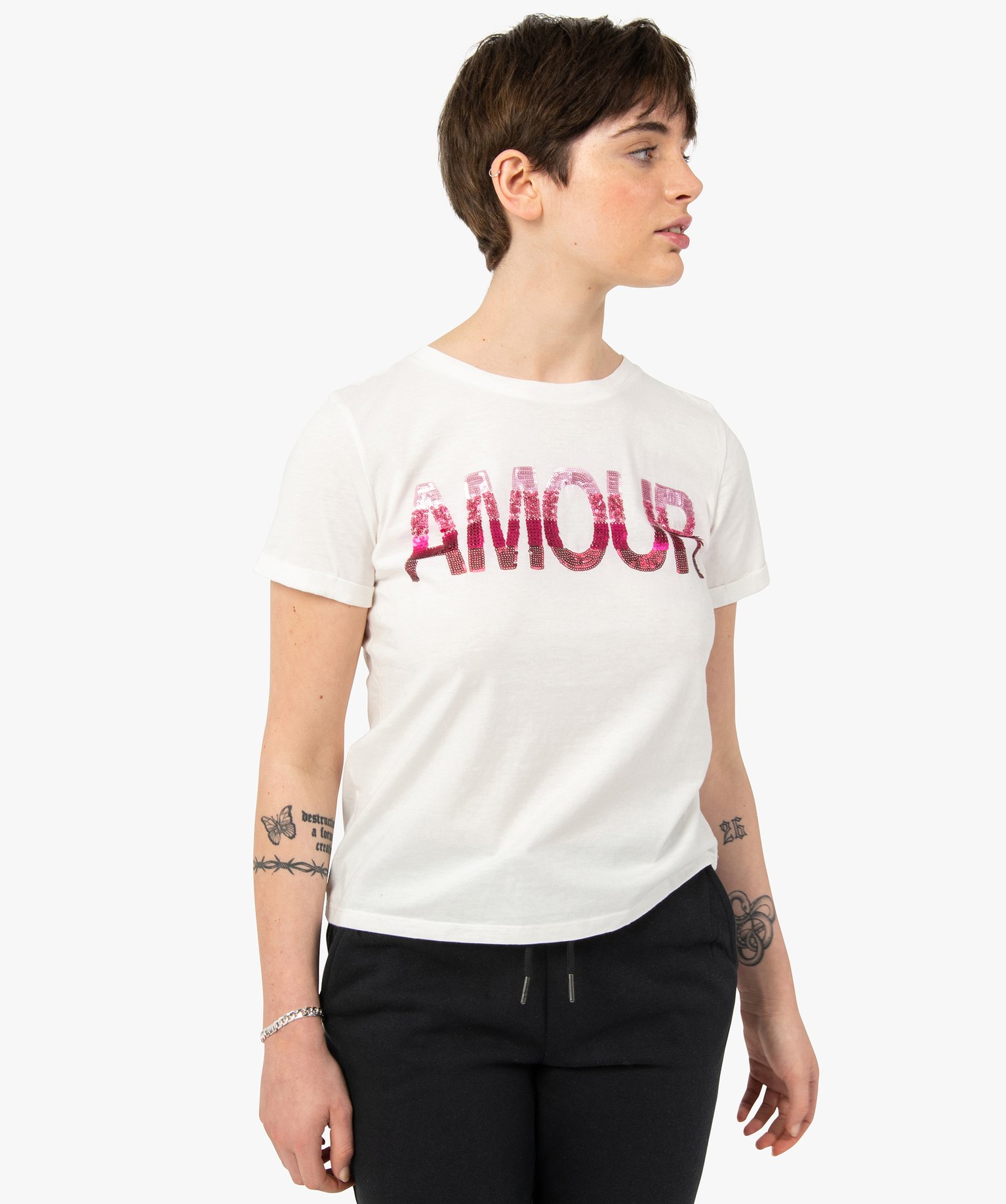 Tee-shirt femme à manches courtes avec inscription en sequins blanc | GEMO