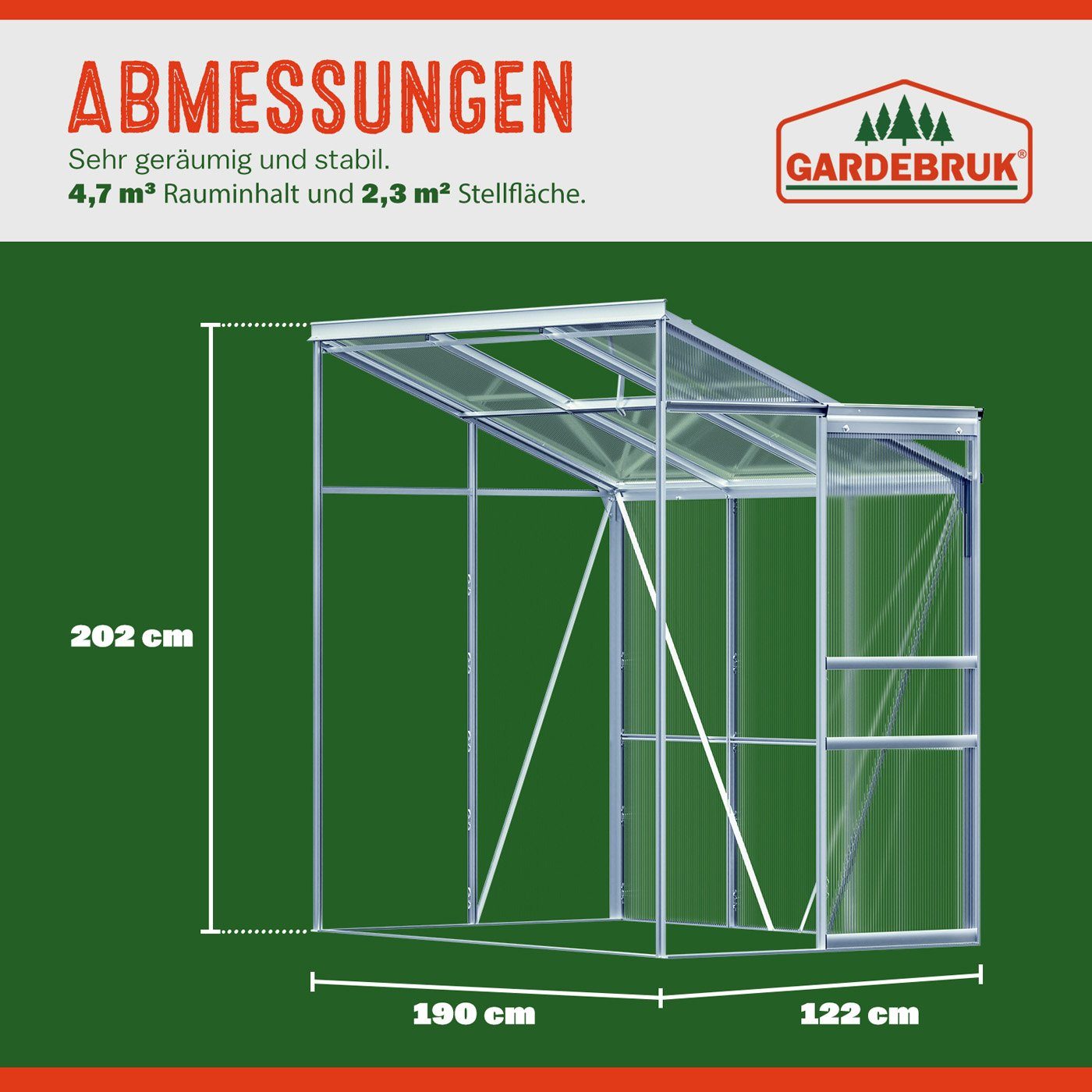 Gardebruk Gewächshaus, Beistell Aluminium 3,8m³ 190x122cm Treibhaus Gartenhaus Frühbeet