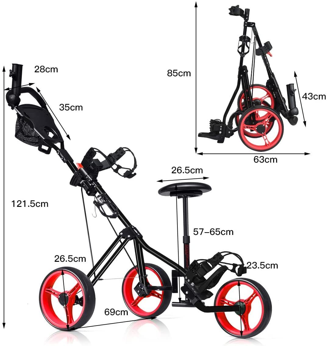 COSTWAY Golftrolley 3-Rad Golfwagen, klappbar, mit verstellbarem Sitz, Griff