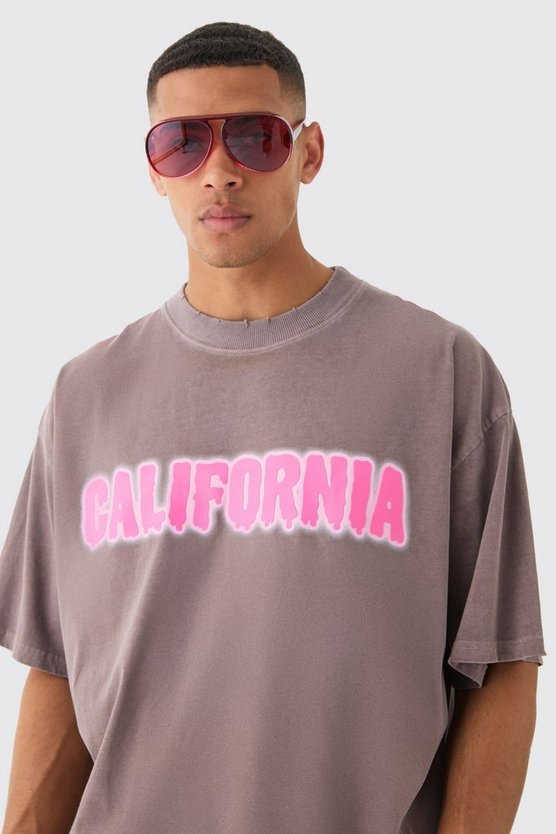 Oversized Extended Neck Acid Wash Distressed California Print T-shirt