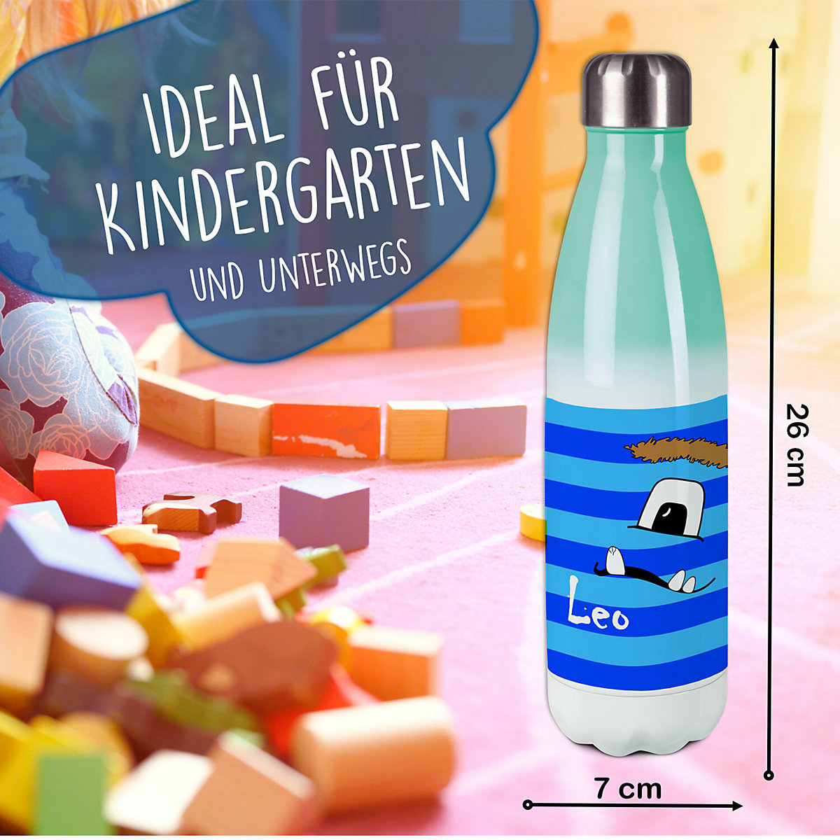 Edelstahl Kinder Thermoflasche / Trinkflasche bunt Monster Streifen Farbe blau Spülmaschinenfest, Auslaufsicher, Bruchfest, Doppelwandig, Für Heißgetränke geeignet, Mit Deckel, Isoliert