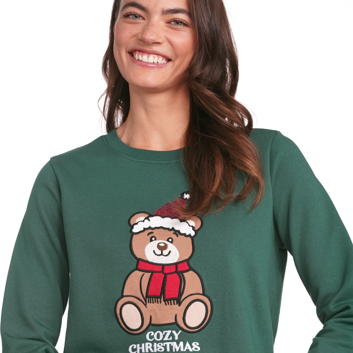 Damen Weihnachtssweatshirt mit Applikation dunkelgrün