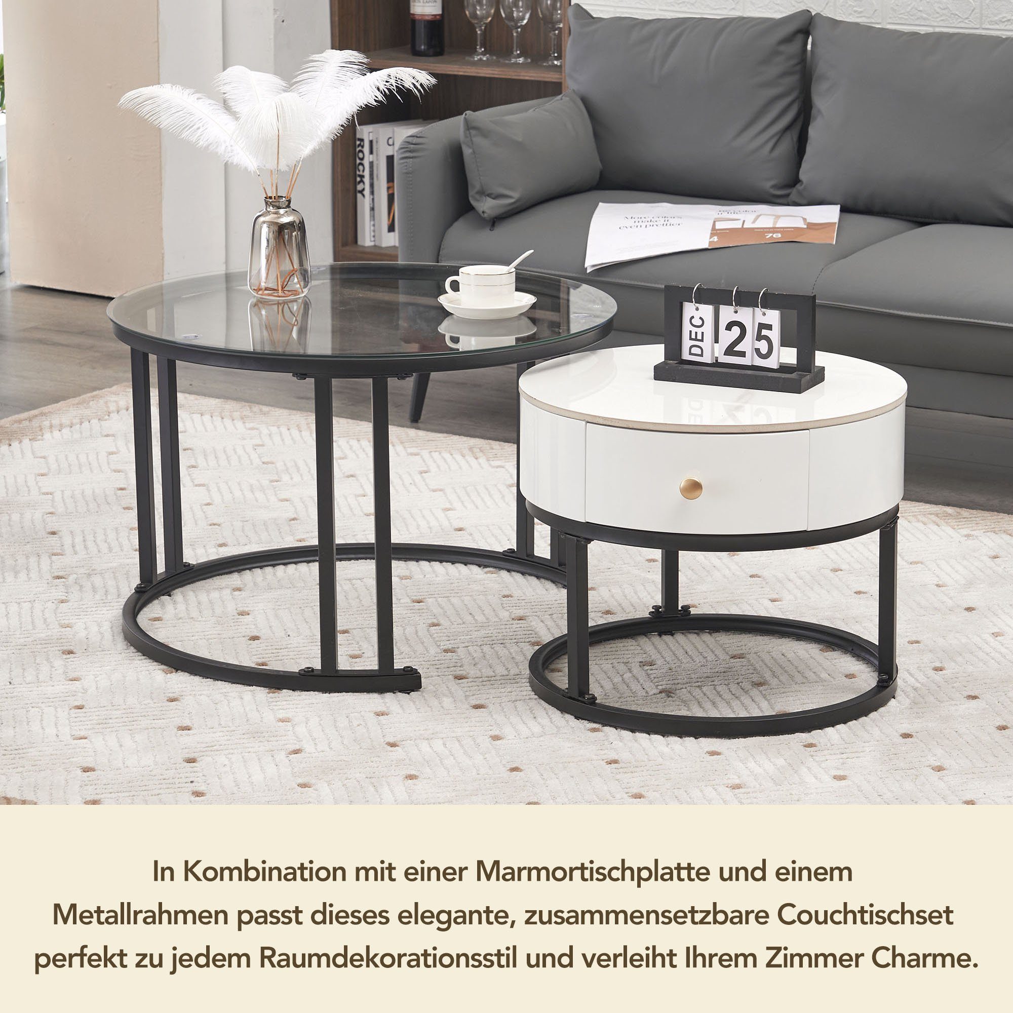 BlingBin Couchtisch Satztisch Beistelltisch (1-St., Elegantes zweiteiliges weißes Couchtisch-Set - Glas), Marmor-Schieferplatte und Massivholzschubladen