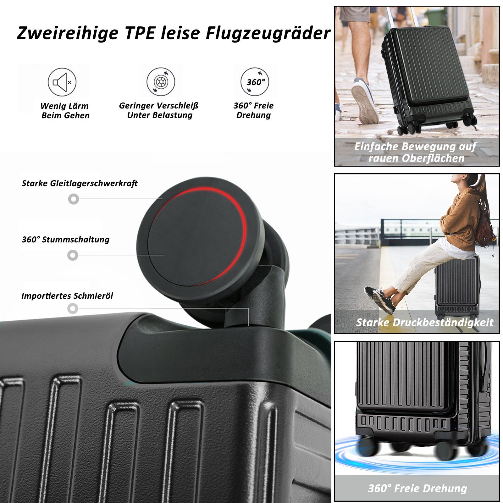 CALIYO Business-Trolley Handgepäck mit Laptopfach Hartschalen Trolley, Business Trolly, Roll-Reisekoffer 4 Doppel-Rollen, 45 cm, 36 L, Schwarz/Dunkelgrau