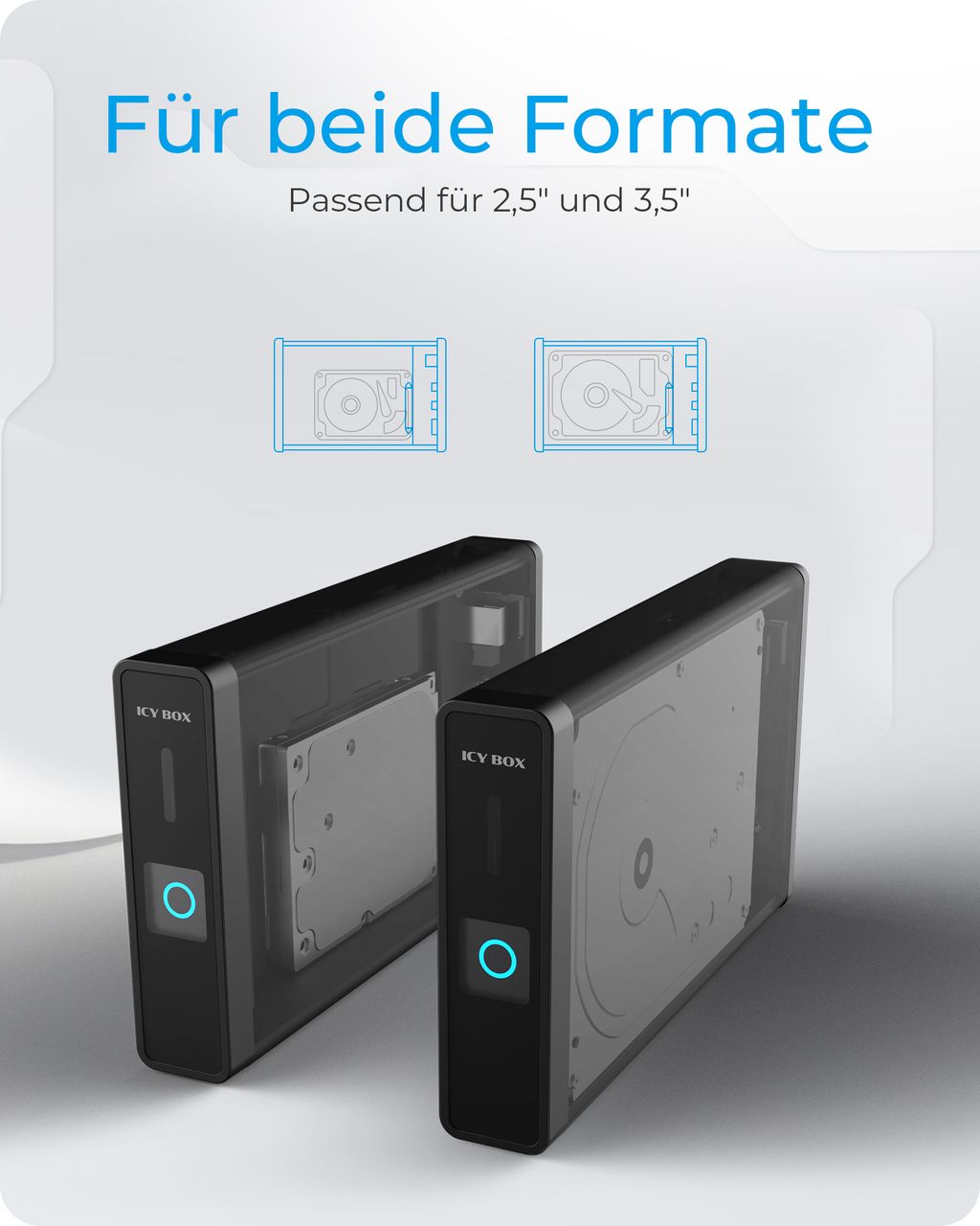 ICY BOX IB-382H-C31, Gehäuse für 1x HDD/SSD mit USB 3.2 (Gen 2) Type-CAnschluss und USB Hub