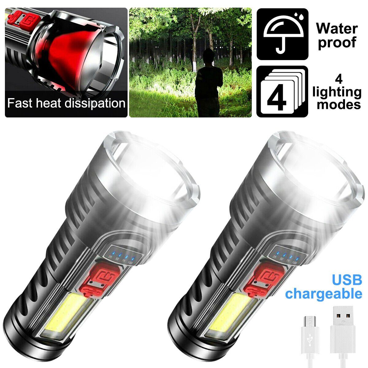 meeteu Taschenlampe 2er-Pack Taschenlampe 9000LM (Wiederaufladbar Fackel, Arbeitslampe LED USB), Camping Lampen mit AKKU