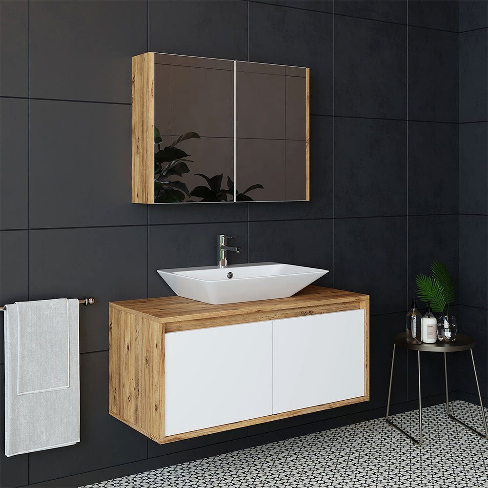 Roomart Badmöbel-Set, (Badmöbel Set 3-teilig 100cm Unterschrank mit Waschbecken Spiegelscrank)
