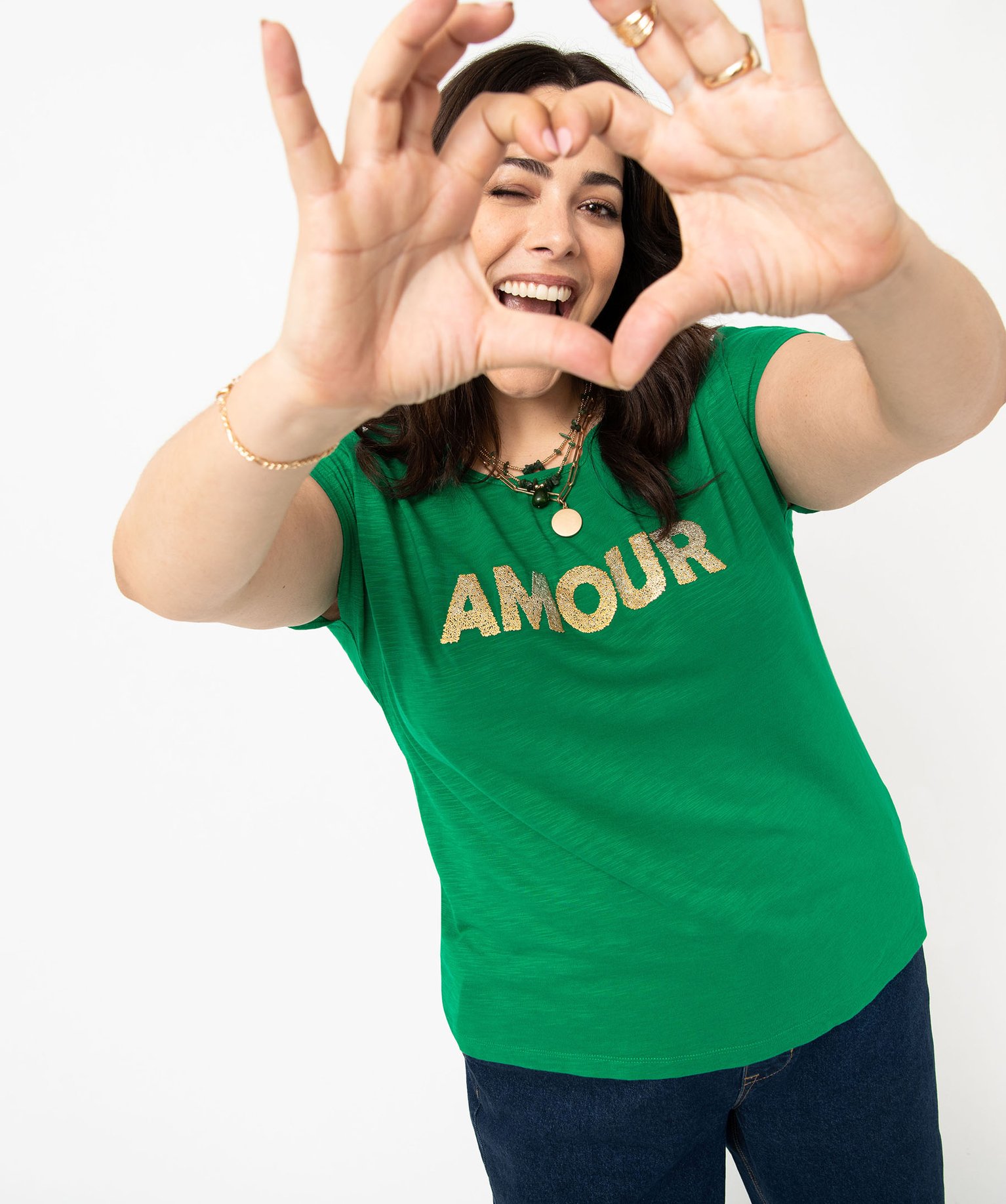 Tee-shirt à manches courtes avec message femme grande taille vert | GEMO