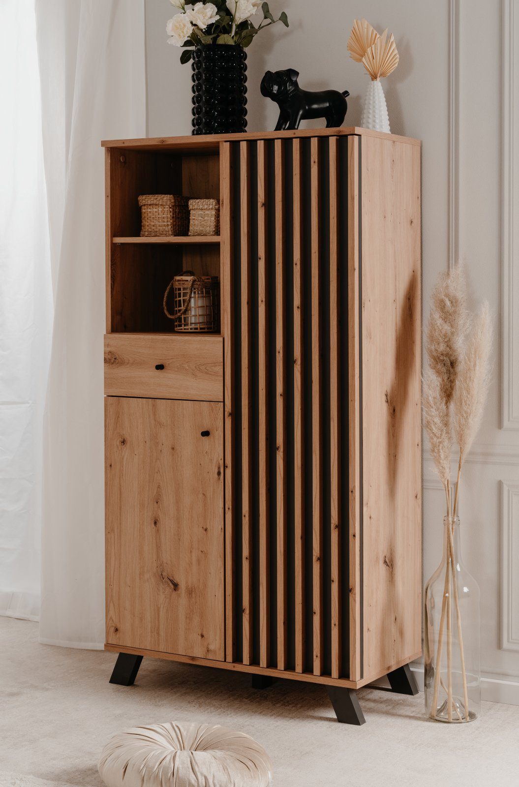 Finori Highboard Madem (Schrank in Artisan Eiche Dekor, 80 x 156 cm), mit Holzlamellen