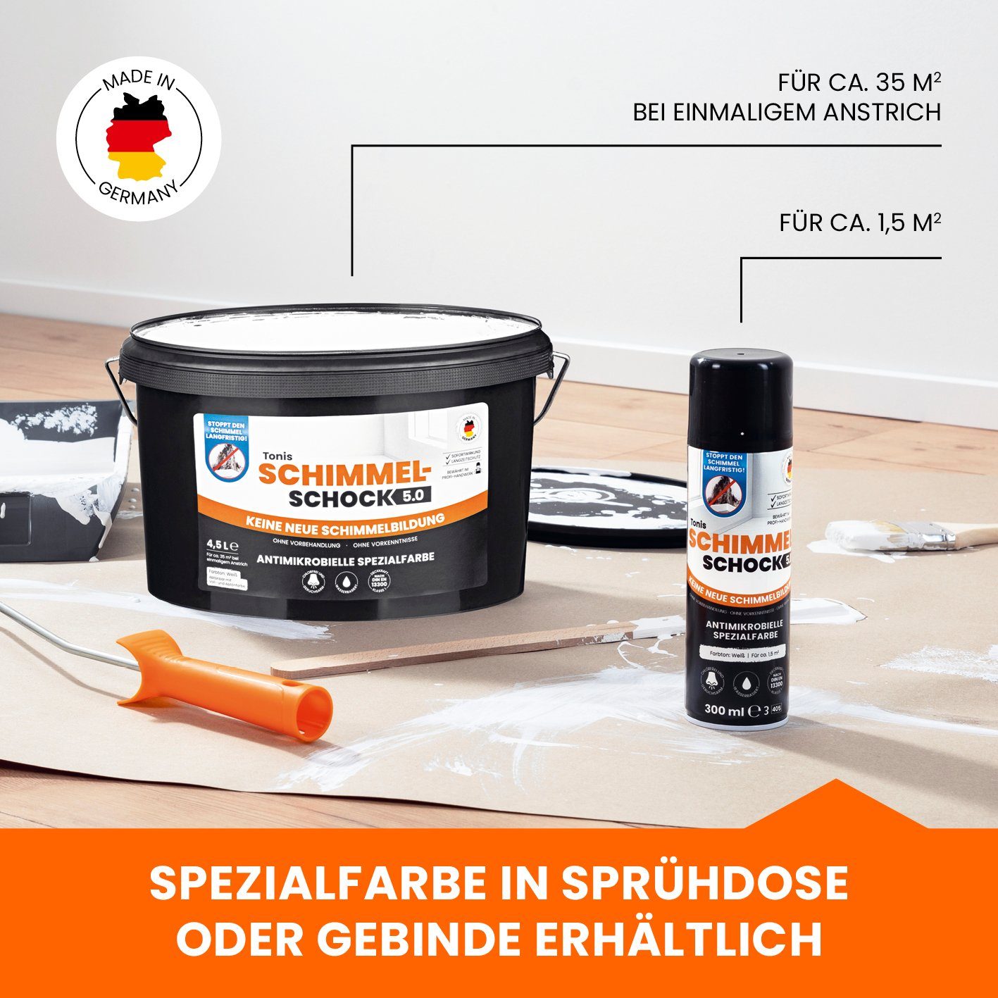 Tonis SCHIMMELSCHOCK Sprühfarbe 5.0 Antimikrobielle Spezialfarbe, gegen Schimmelflecken, verhindert Wachstum von Schimmelsporen 300ml