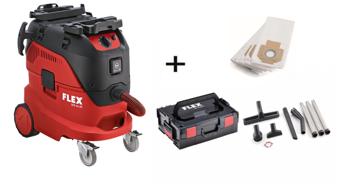 Flex-tools 471208 VCE44L AC Bezpečnostný vysávač s automatickým čistením filtra, 42 l, trieda L + čistiaca sada v L-Boxx + 5 flísových filtračných vreciek