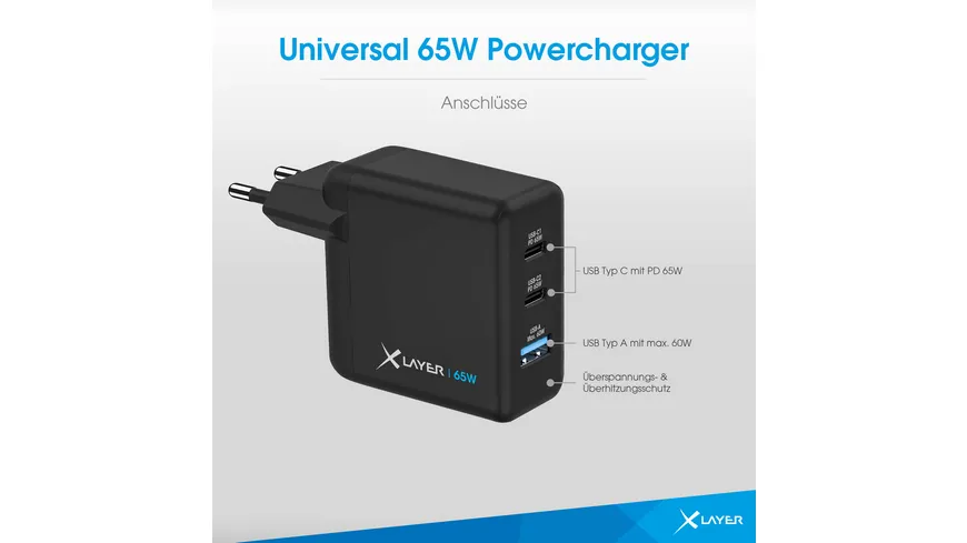 XLayer Powercharger 65W mit 2x USB Typ C & 1x USB Typ A Black