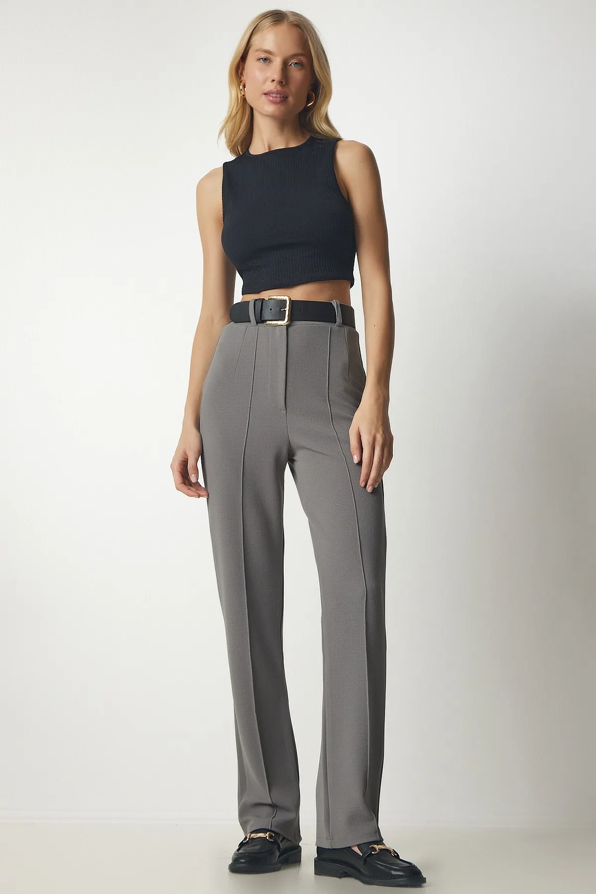 Happiness İstanbul  Graue bequeme Strickhose mit hoher Taille für Damen rv00132