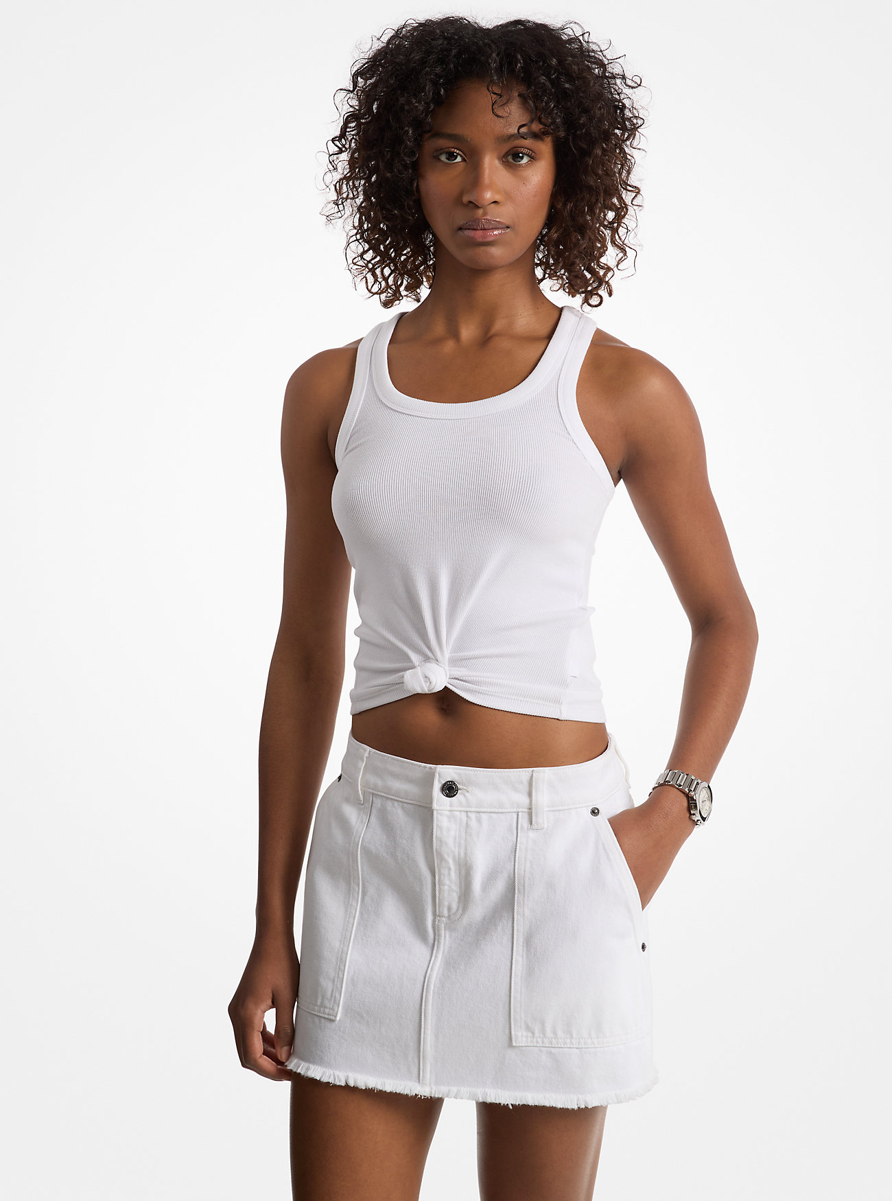 Tie-Front Ribbed Stretch Knit Tank Top - WHITE