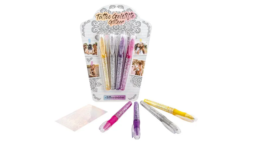 TRENDHAUS Tattoo Glitzer-Stifte PARTY 4 er + 1 Schablone